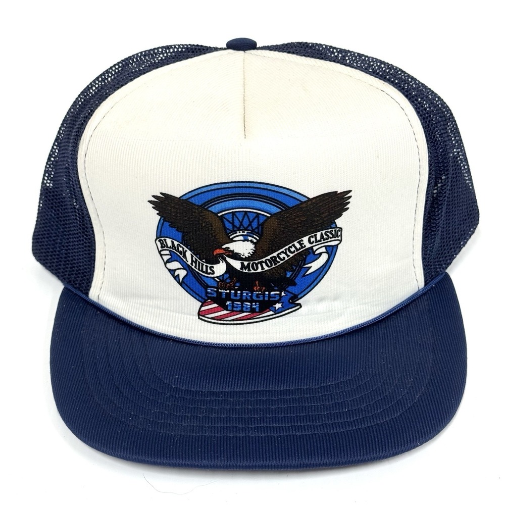 Vtg Sturgis 1984 Mesh Snapback Trucker Hat Eagle Patriotic Black Hills